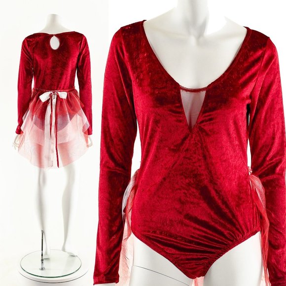 Red Velvet Bodysuit,Vintage Crushed Velvet Unitard,Tutu Tulle Fairy Costume,Vint - Picture 1 of 10